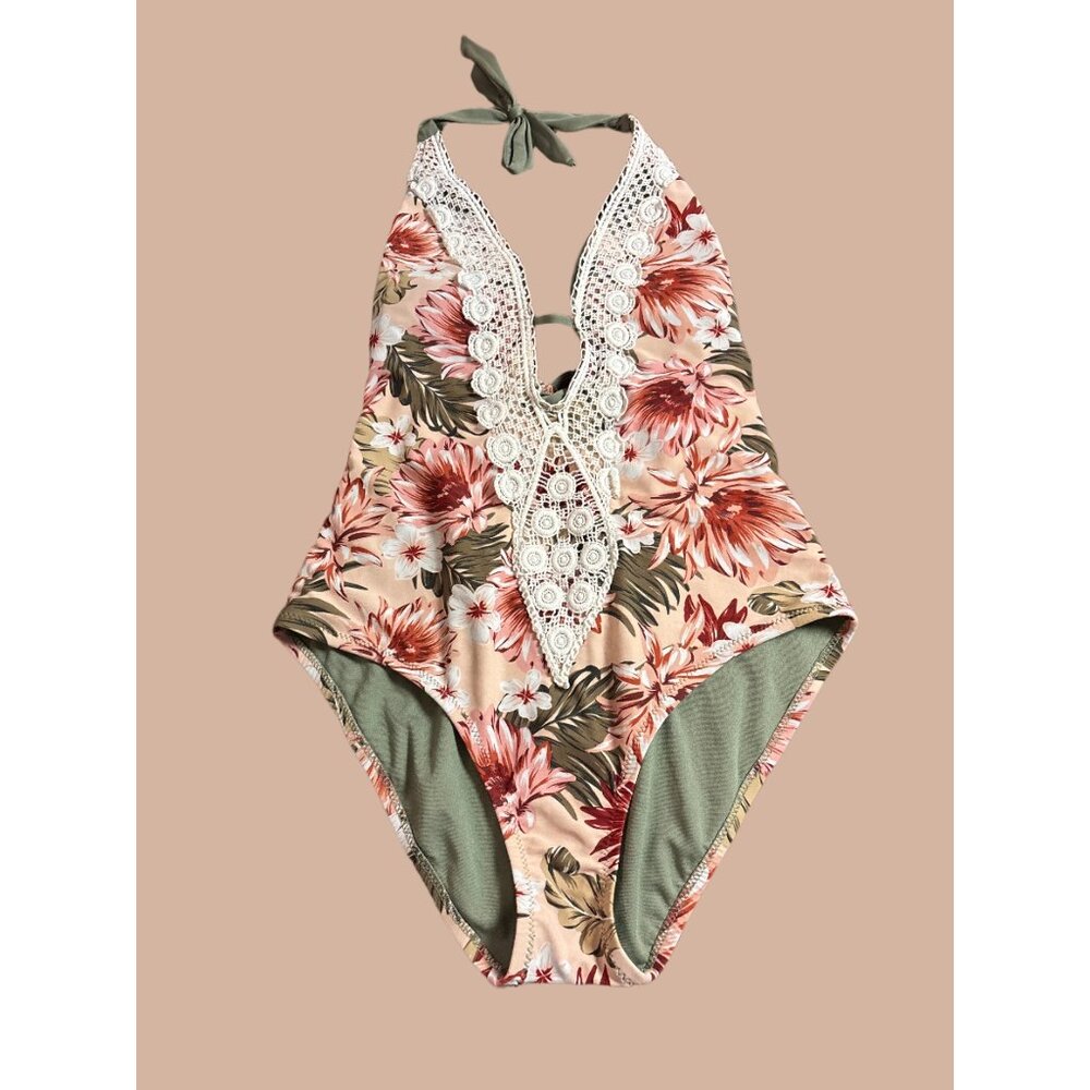 Kona Sol Plunge Neck‎ Floral Print Halter Swimsuit